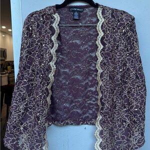 Chic Women's Lace Shrug - Purple and Cream with gold details